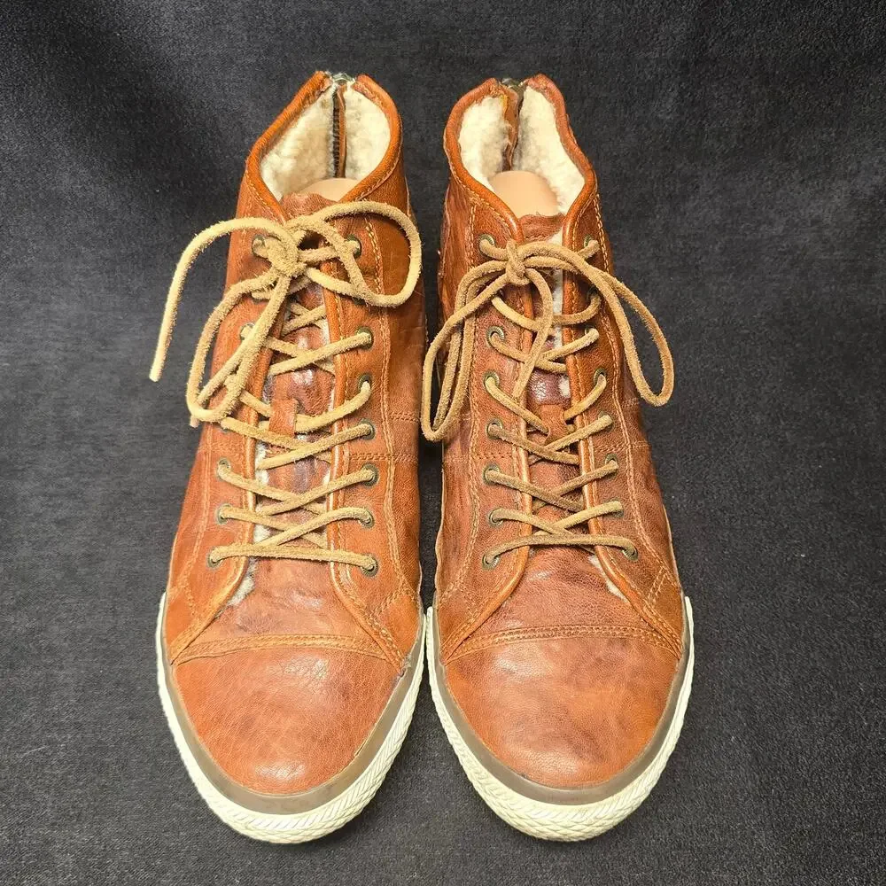Frye Sheepskin Brown Leather High Top Zip Back Ankle Booties Sneakers Shoes